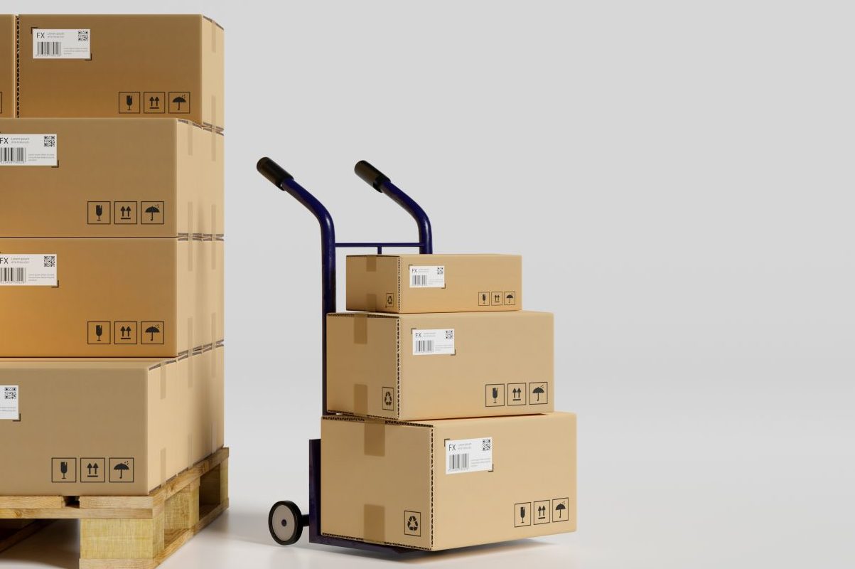 3D rendering, heap of cardboard boxes in the warehouse with a cart in white background, 3D illustration